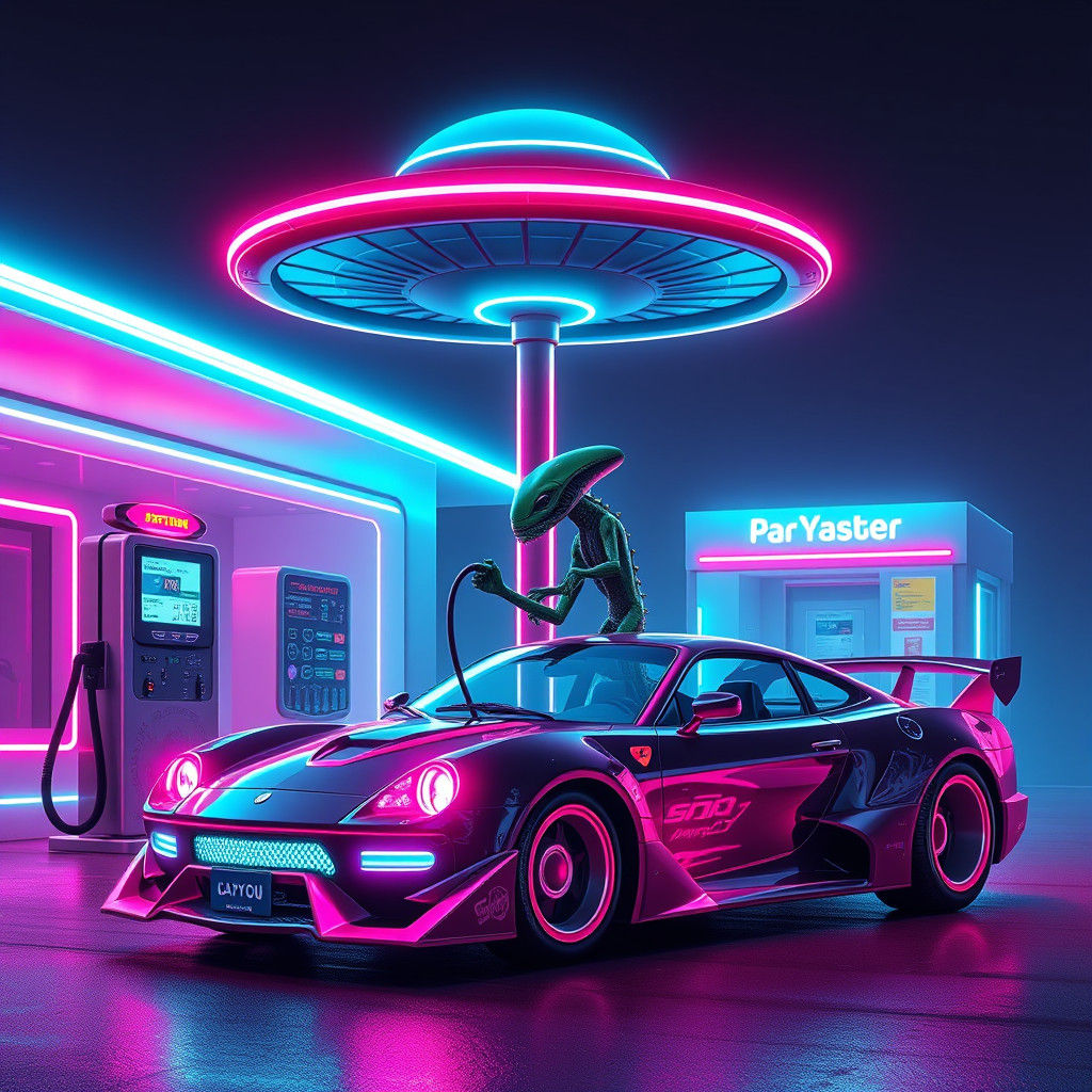 Neon Cybernetic Gas Station with Xenomorph Attendant