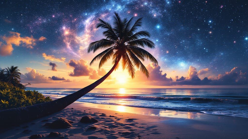 Galactic Palm Sunset: A Sci-Fi Double Exposure