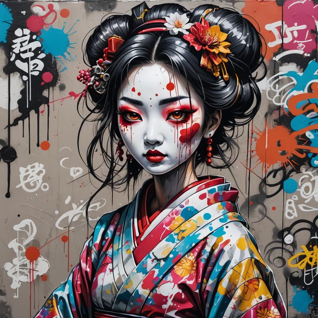 Geisha Robot Caricature in Graffiti Street Art Style