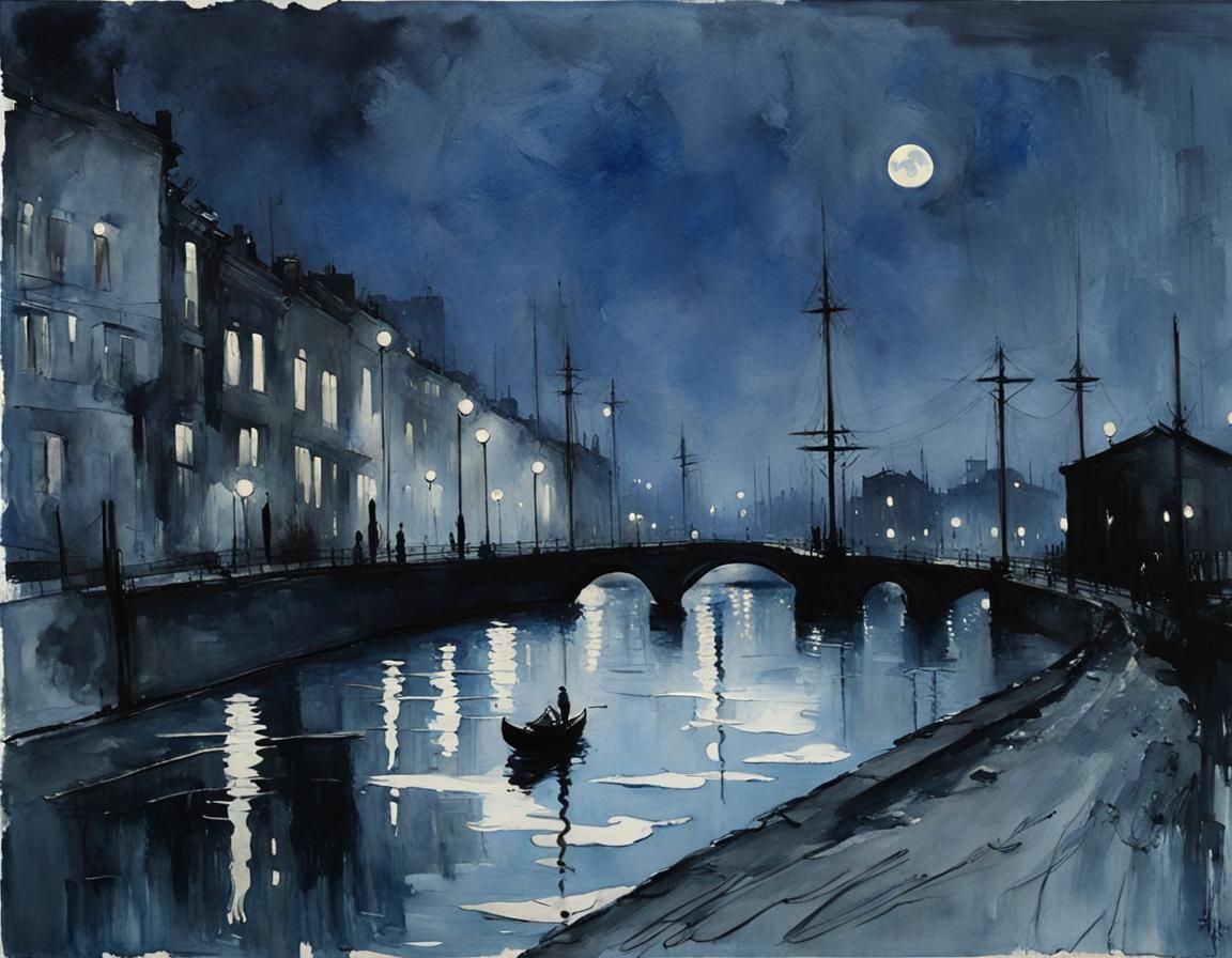 Moonlit Canal Scene in Watercolor Style