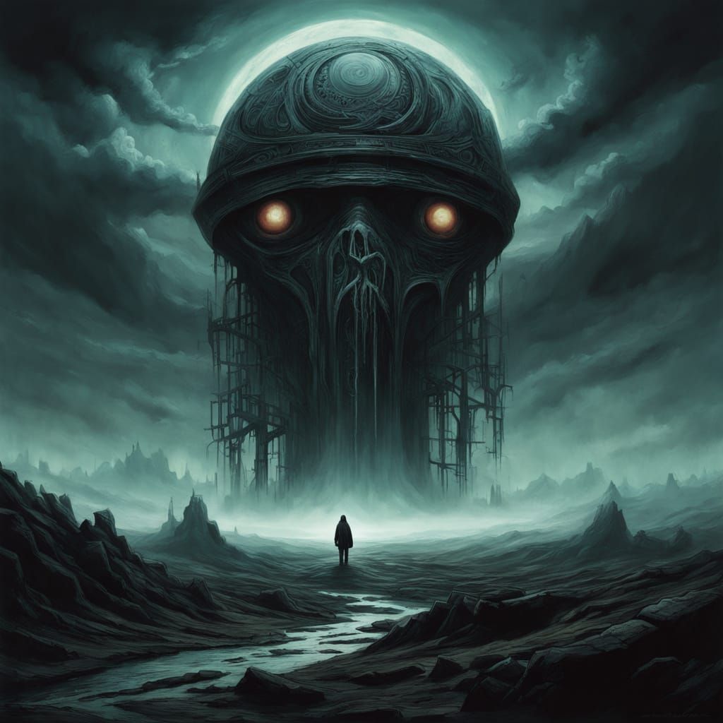 Figure Silhouetted Against Cosmic Eye in Dark, Atmospheric S...