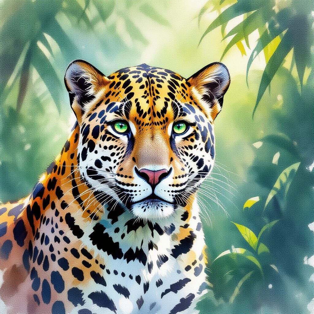 Vibrant Watercolor Jaguar Portrait in Lush Jungle
