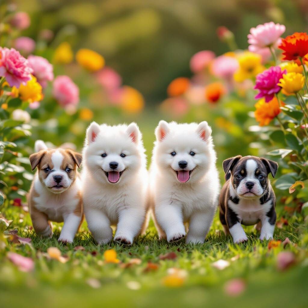 Samoyed & Frenchie Puppies Play in Flower Field