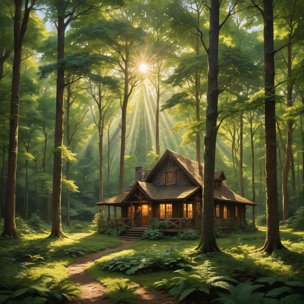 Sunlit Forest Cabin in Dreamy Gouache Style