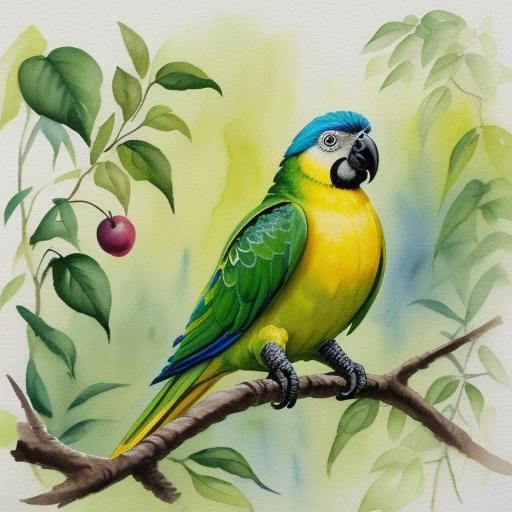Whimsical Parrot in Forest, Gouache Watercolor Painting