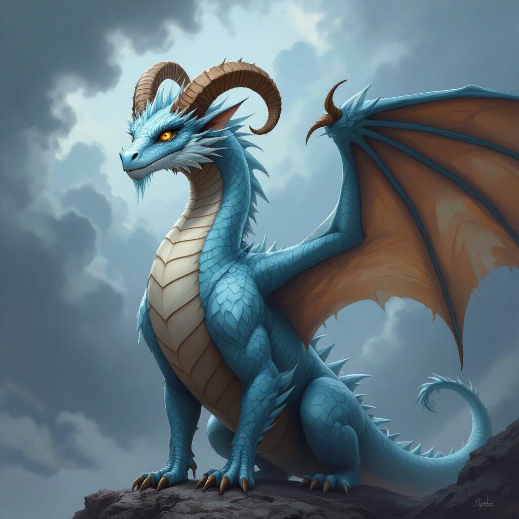 Majestic Light Blue Dragon with Ram Horns in Moody Sky