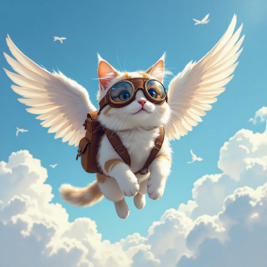 Winged Cat Soaring Through Blue Sky