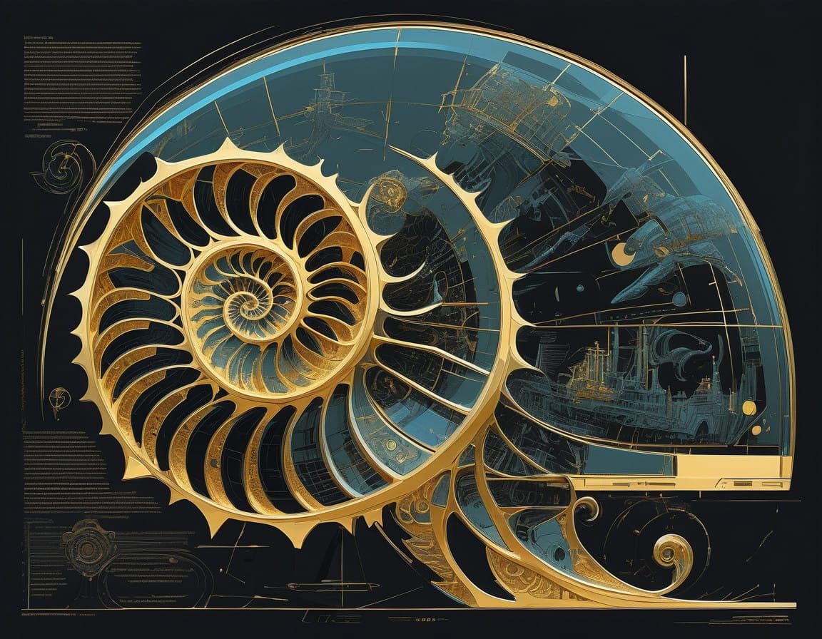 Golden Nautilus Blueprint in Futuristic Style