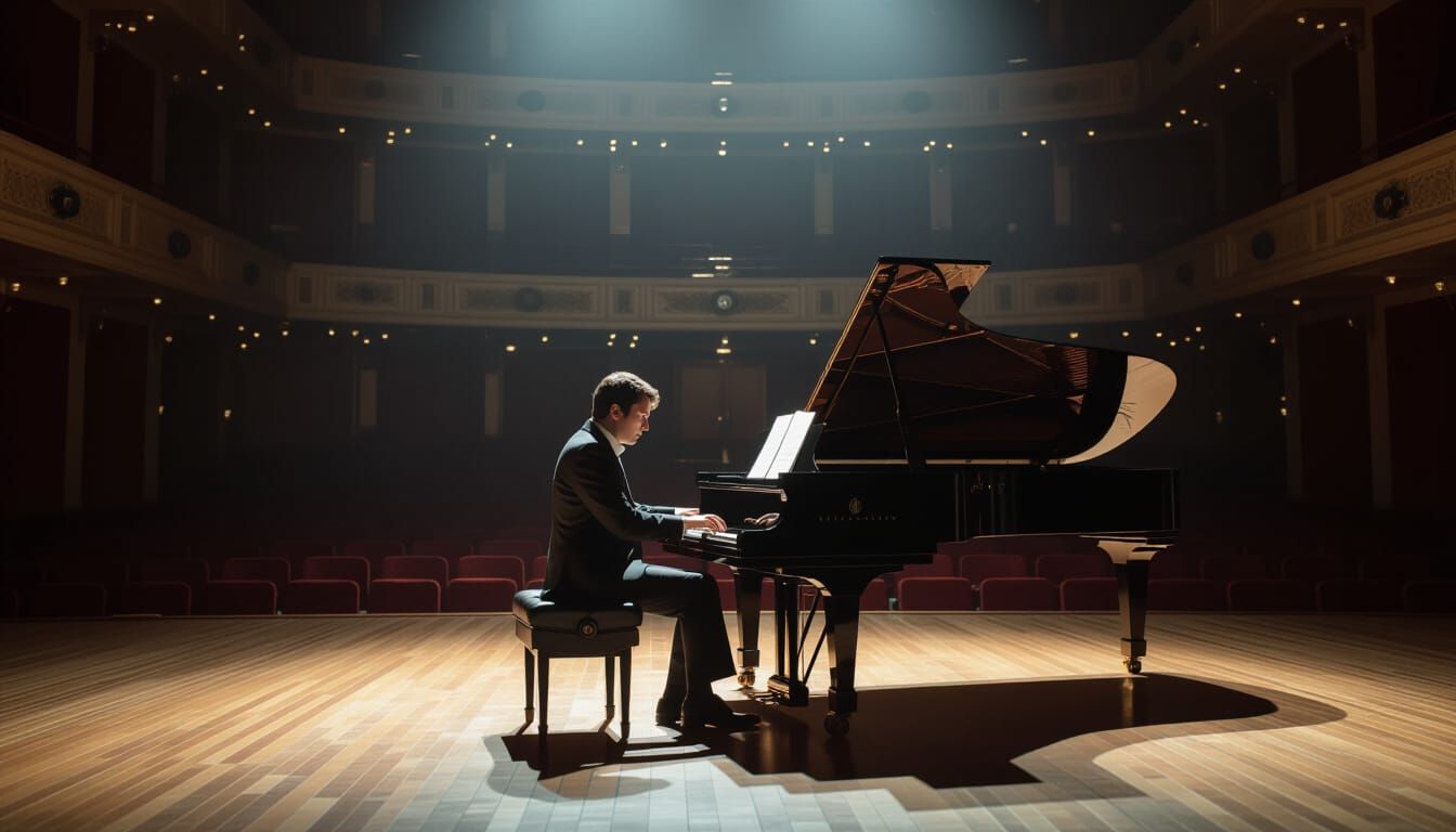 Lonely Piano Man in Empty Hall