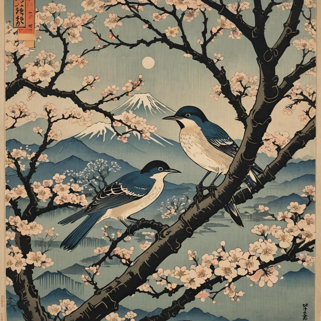 Mejiro Bird on Cherry Blossoms: Woodblock Print