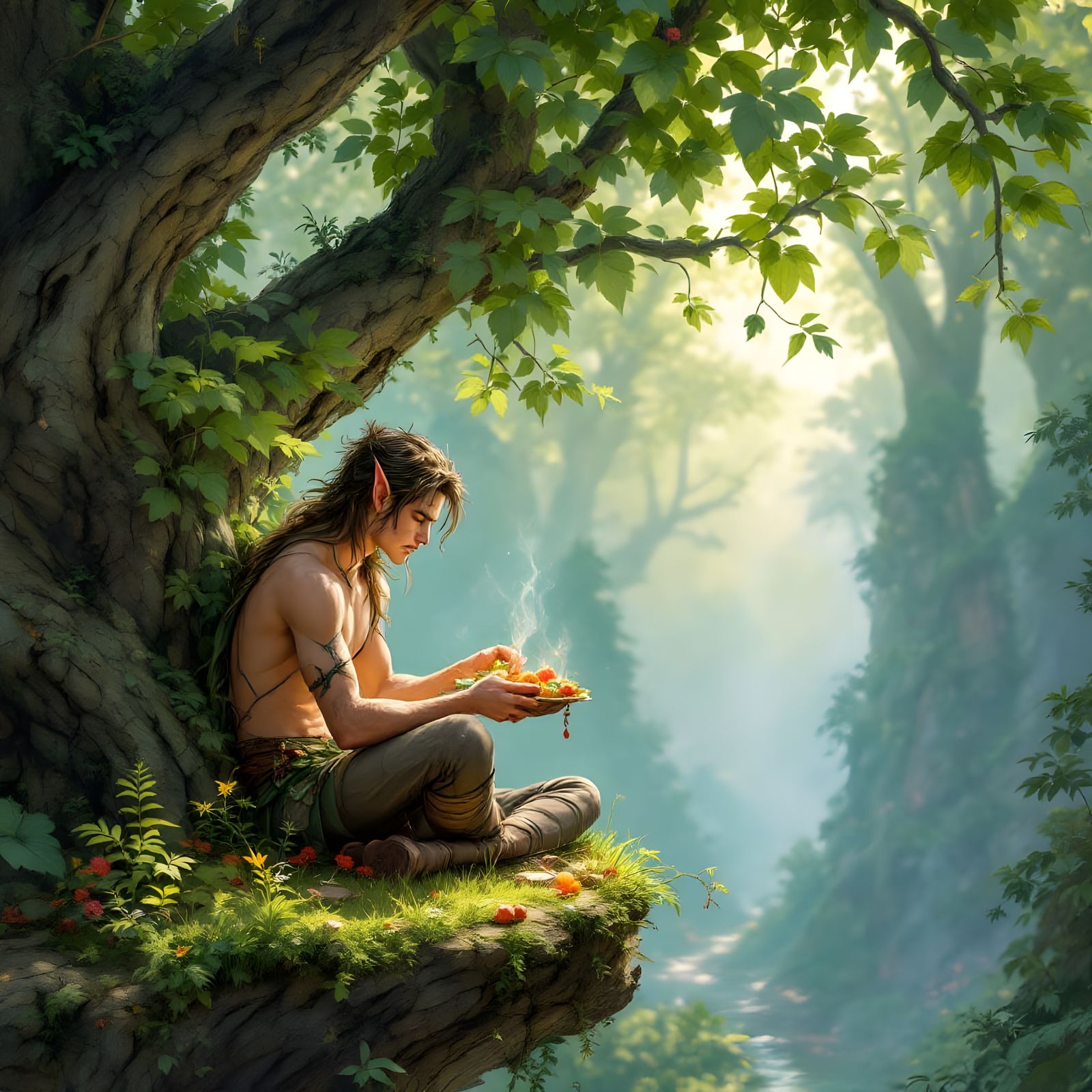 Fairy Male Prepares Meal in Enchanted Treehouse