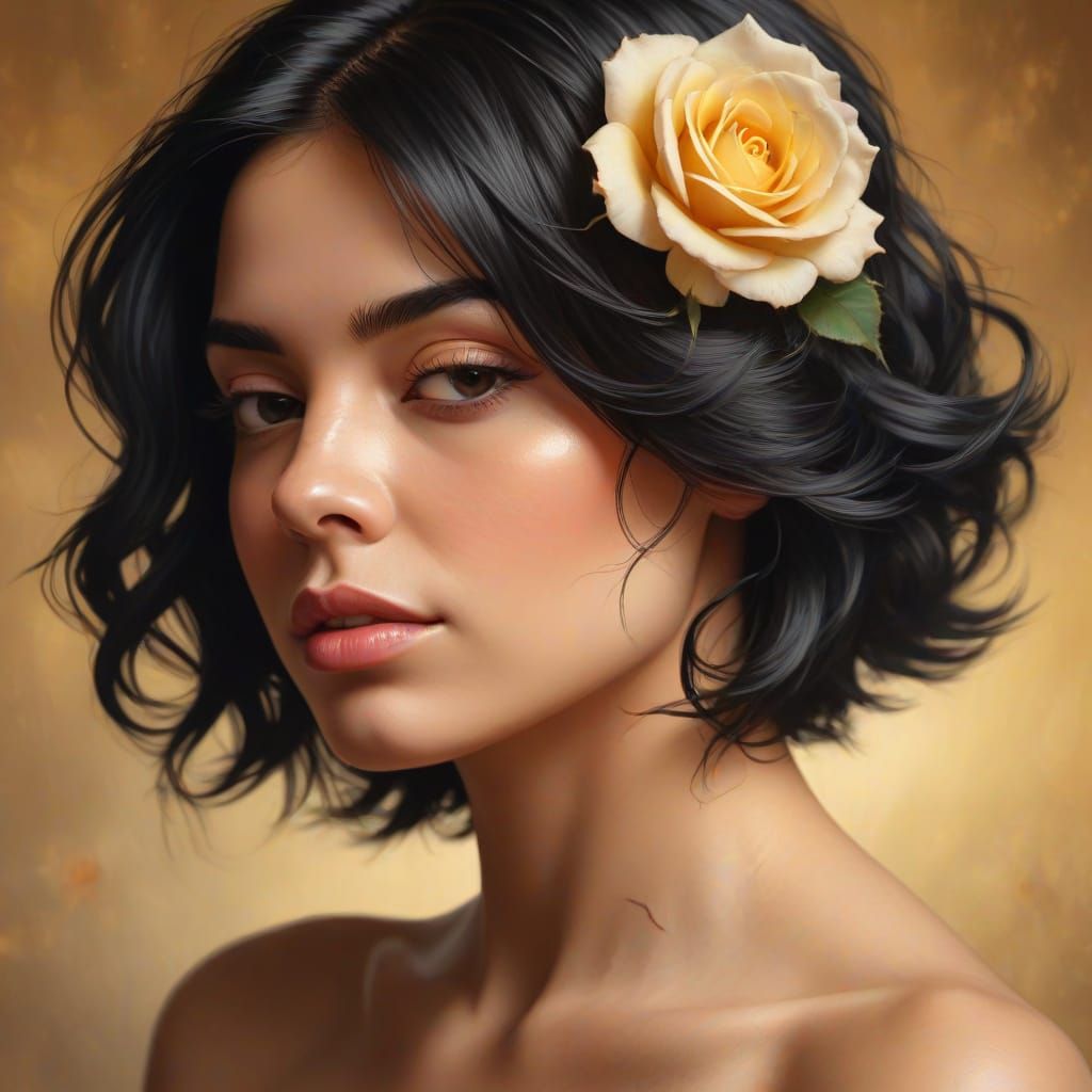 Woman with Rose in Hair, Oil Painting Style