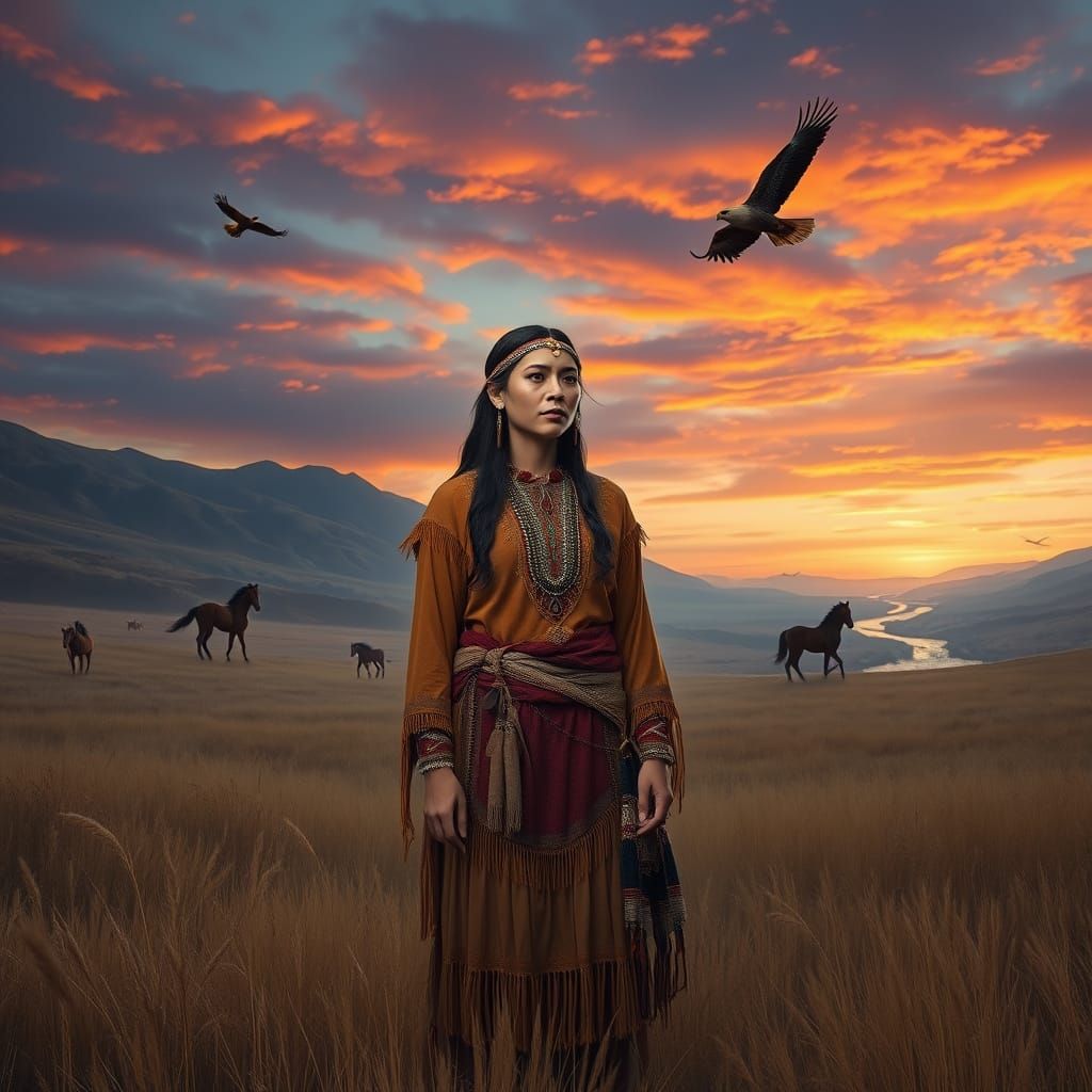 Native American Woman in Twilight Landscape, Luminous Style