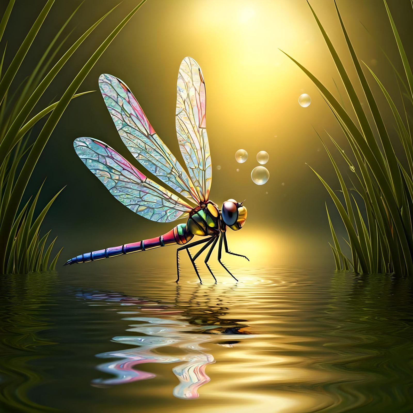 Stained Glass Dragonfly with Dewdrops and Bubbles