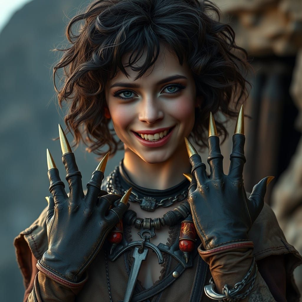 Mysterious Dark Fantasy Woman with Unruly Hair and Razor-Bla...