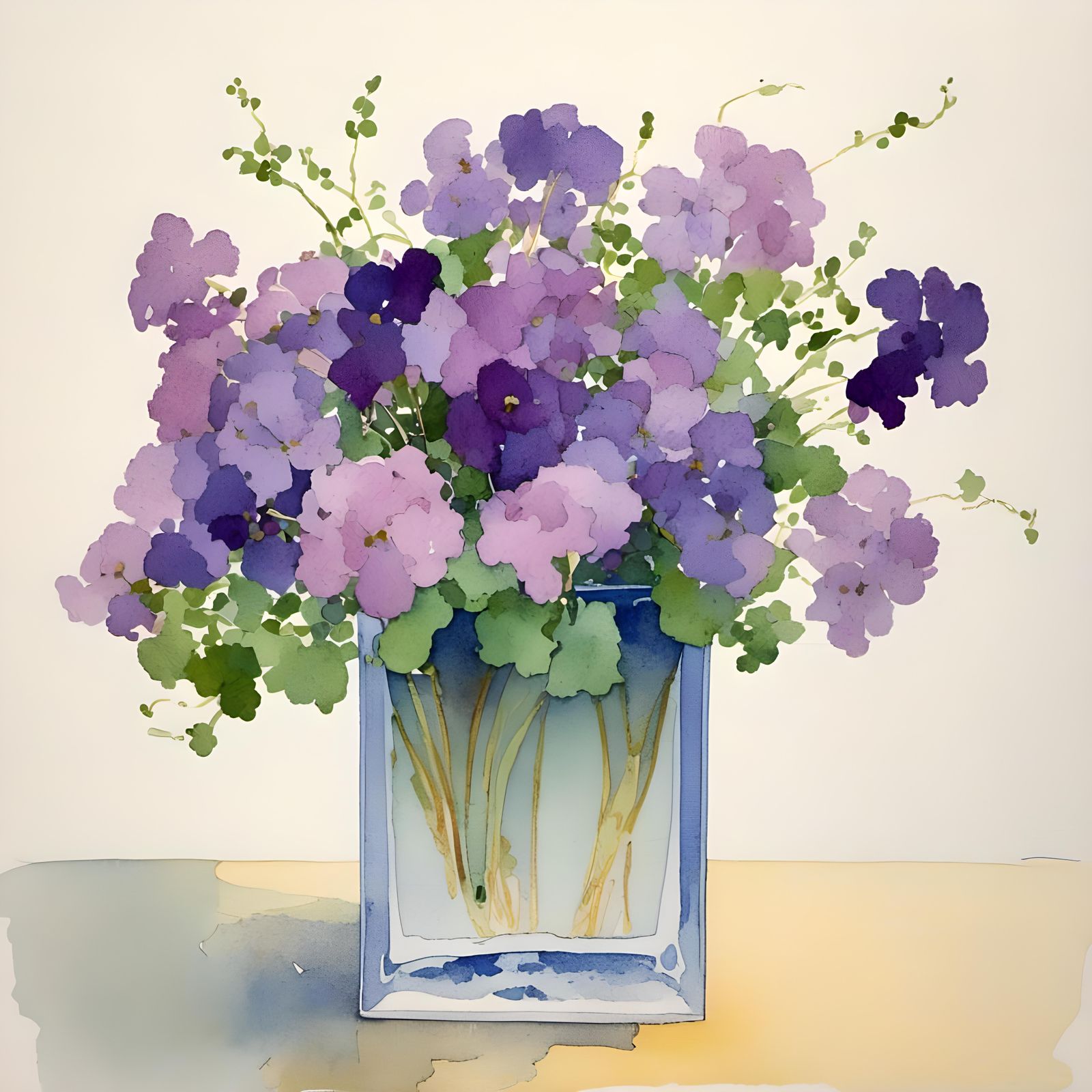 Watercolor Violets in Small Square Vase