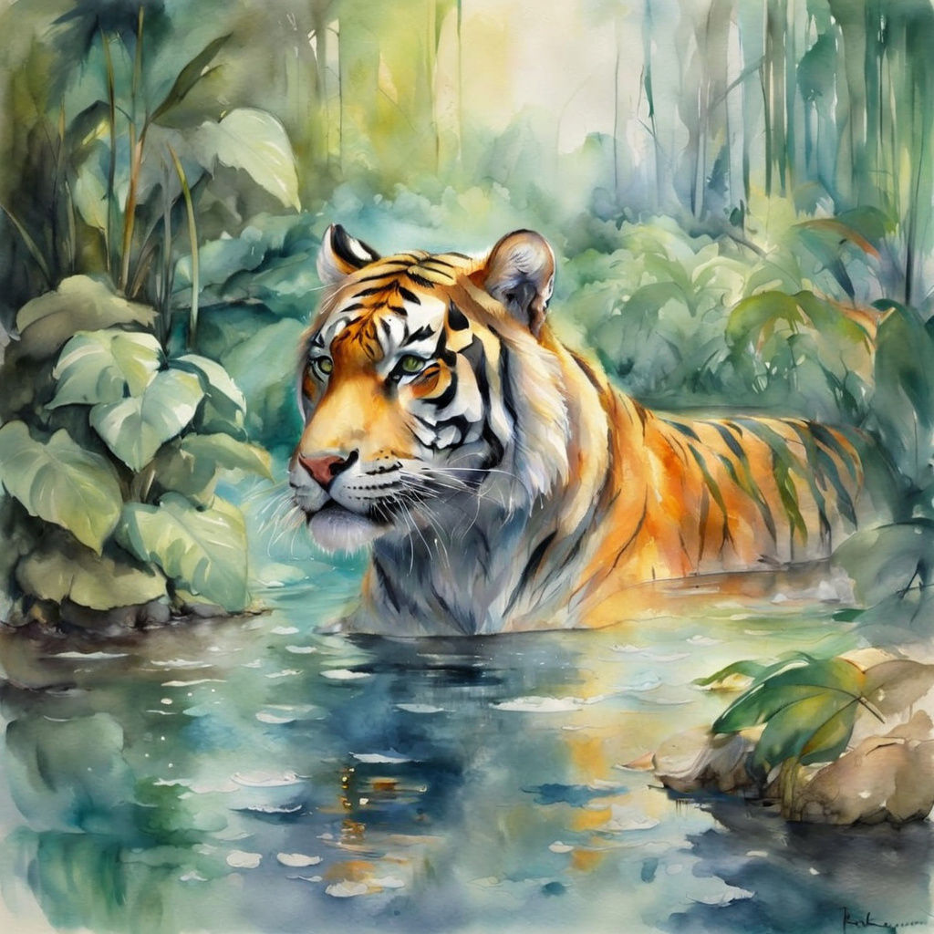 Majestic Tiger in Rainforest River, Whimsical Watercolour Fa...