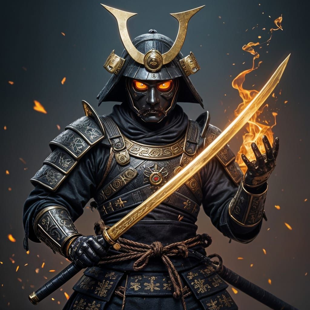 Cyberpunk Samurai with Oni Mask and Golden Katana
