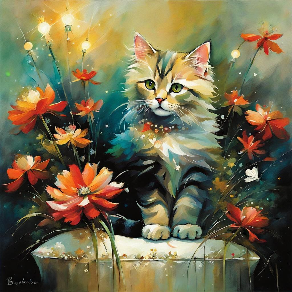 Cat on Pillow Surrounded by Flowers in Dreamlike Style