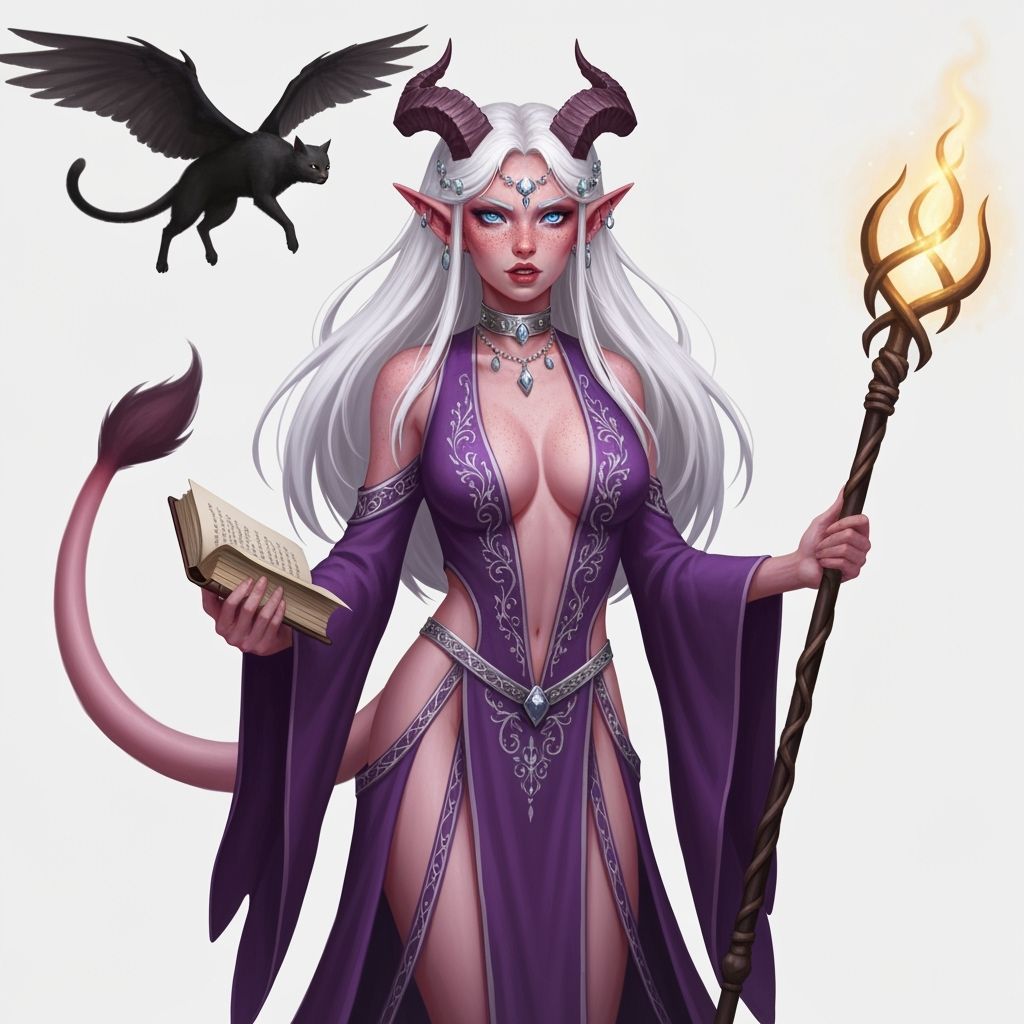 Tiefling Sorceress with Spellbook and Staff
