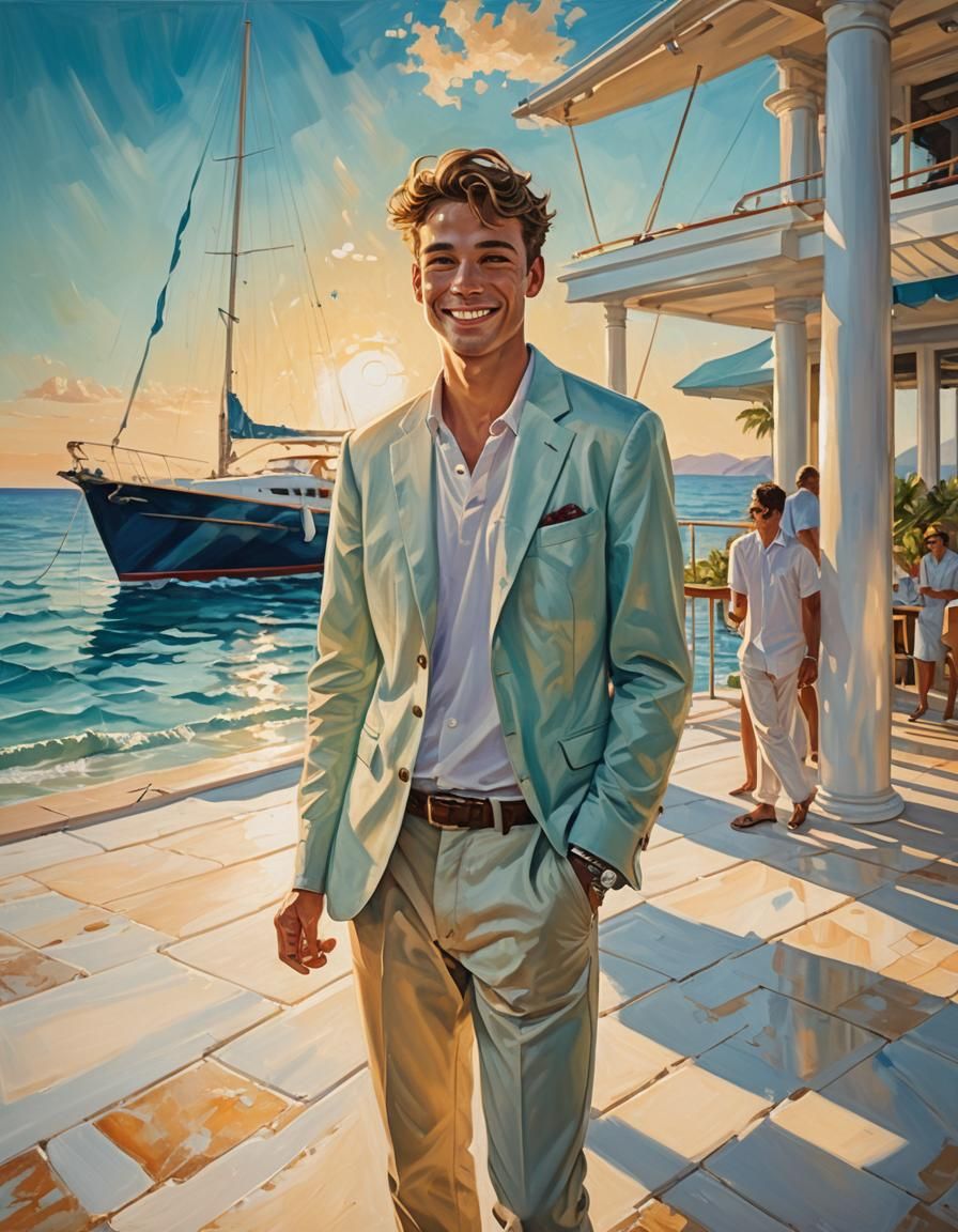 Young Man on Yacht in Triadic Color Oil Painting