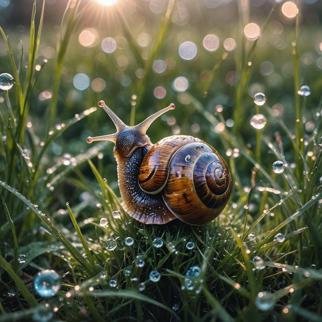 Surreal Galaxy Snail in Dewy Grass