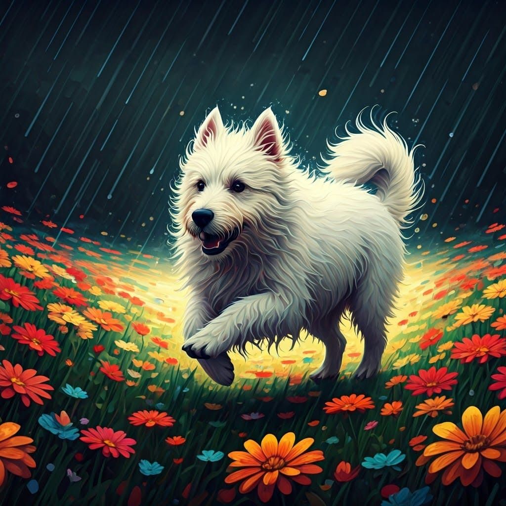 Dog Running in Rainy Flower Field, Impressionistic Digital A...