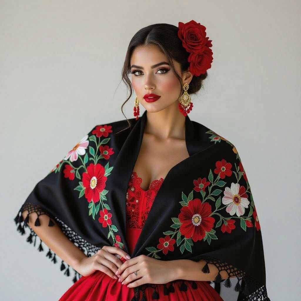 Flamenco Dancer in Red Dress with Embroidered Manila Shawl
