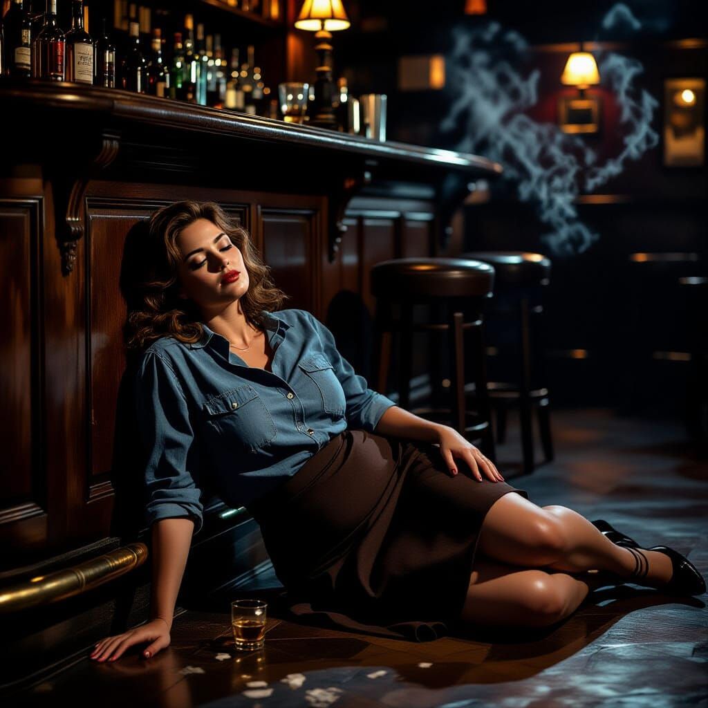 Woman Passed Out in Dimly Lit Bar, Film Noir Style