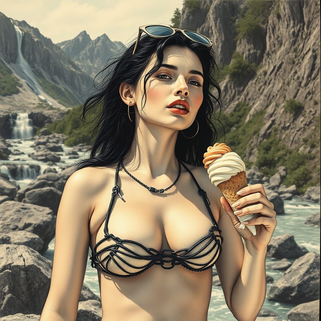 Woman Sunbathing in Charcoal Drawing Style