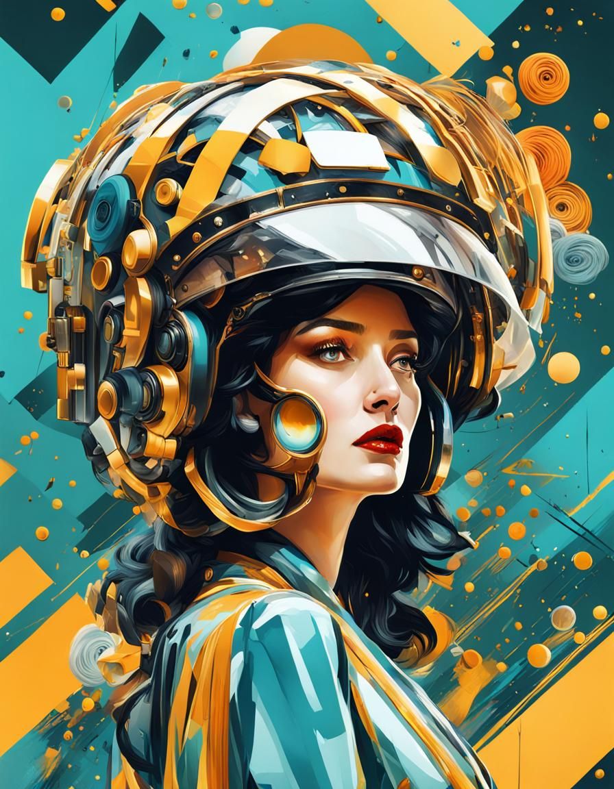 Woman with Surreal Helmet, Expressionist Geometric Art