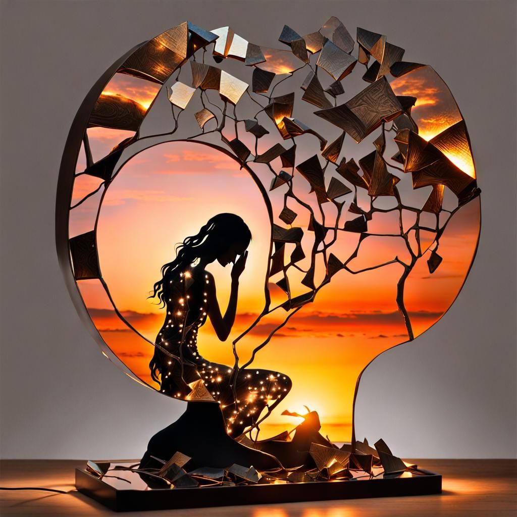 Surreal Sculpture Lamp of Kneeling Woman at Sunset