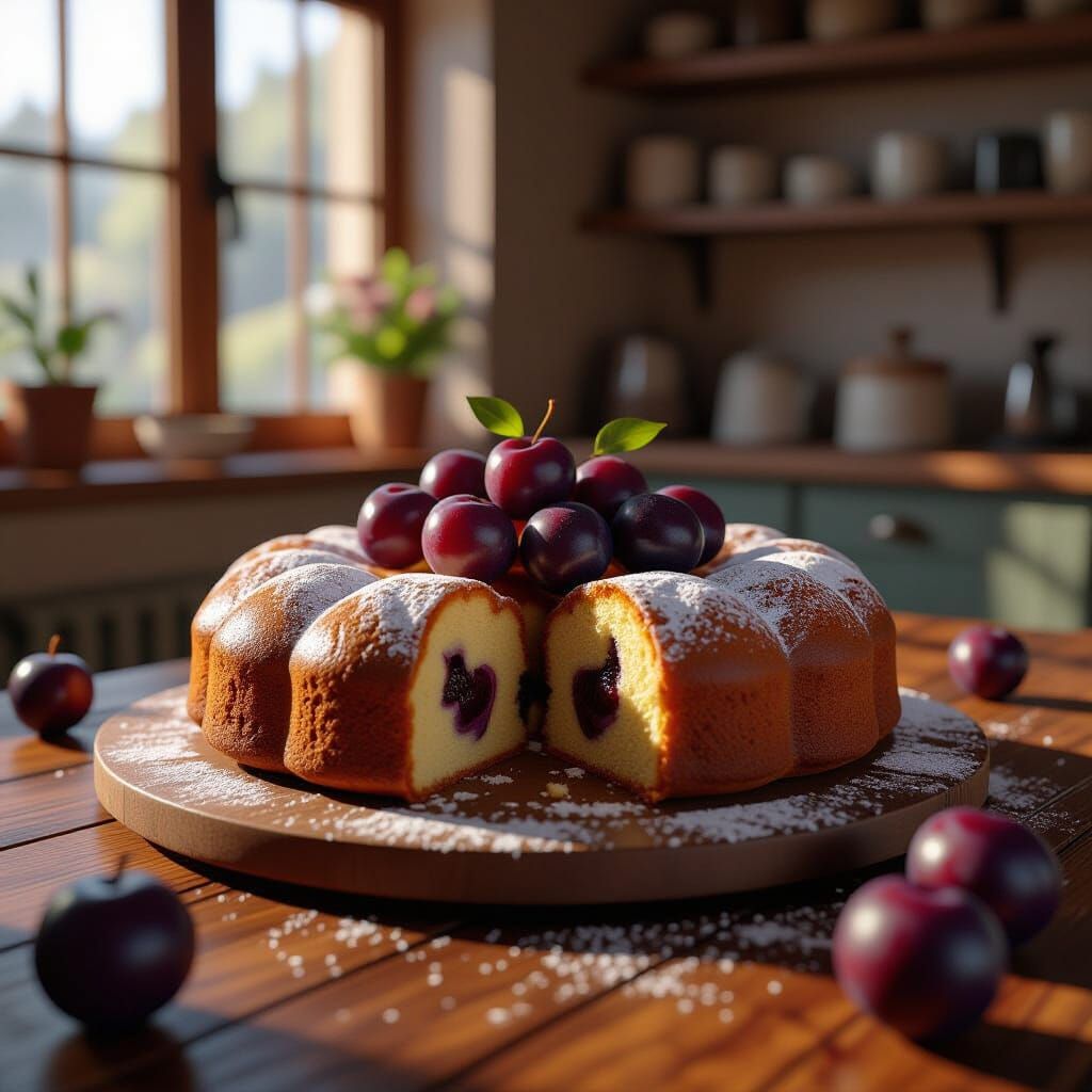 Moist Plum Cake in Rustic Bakery, Unreal Engine 3D