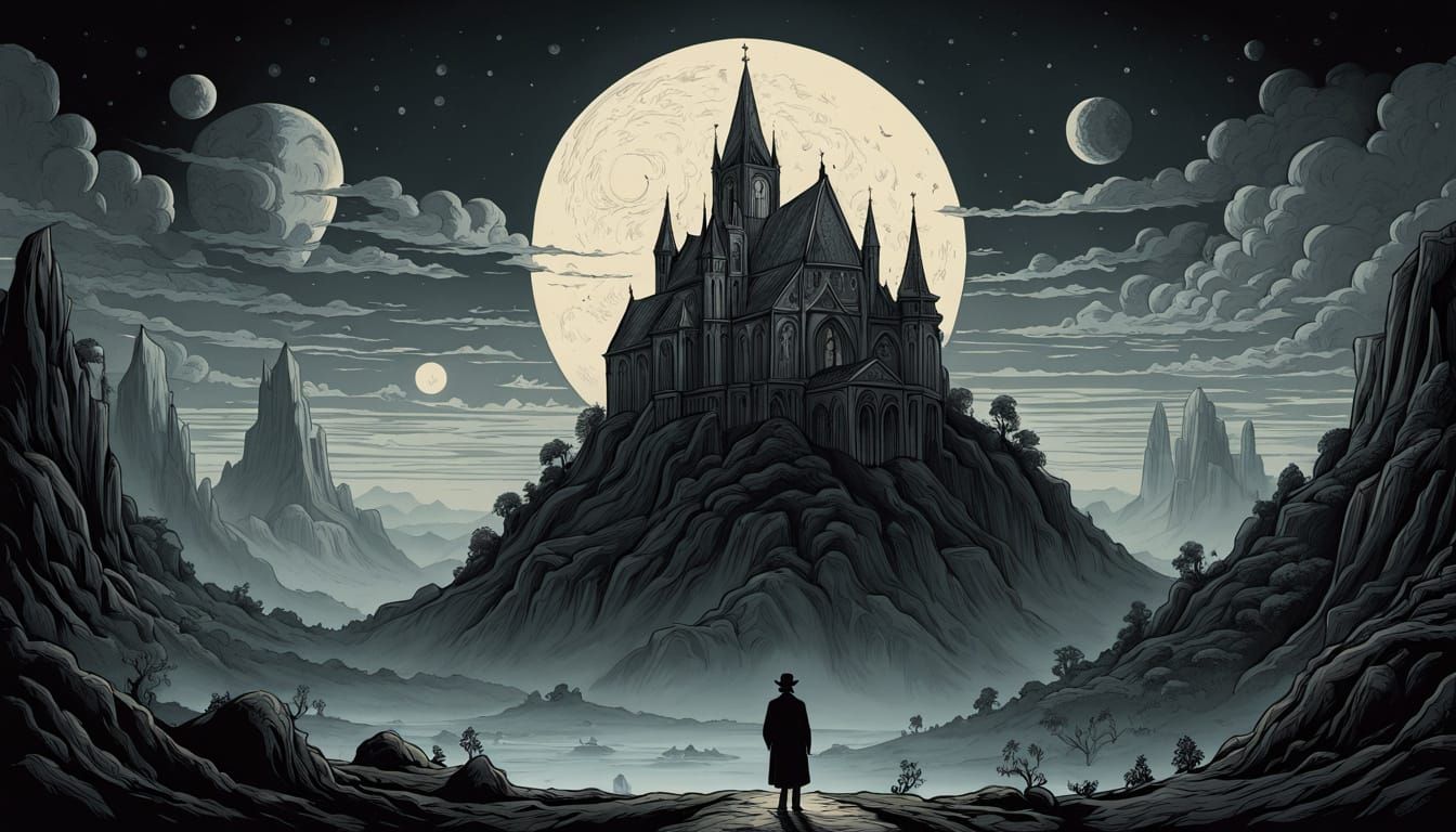 Surreal Landscape with Cathedral Mountains in Ligne Claire S...