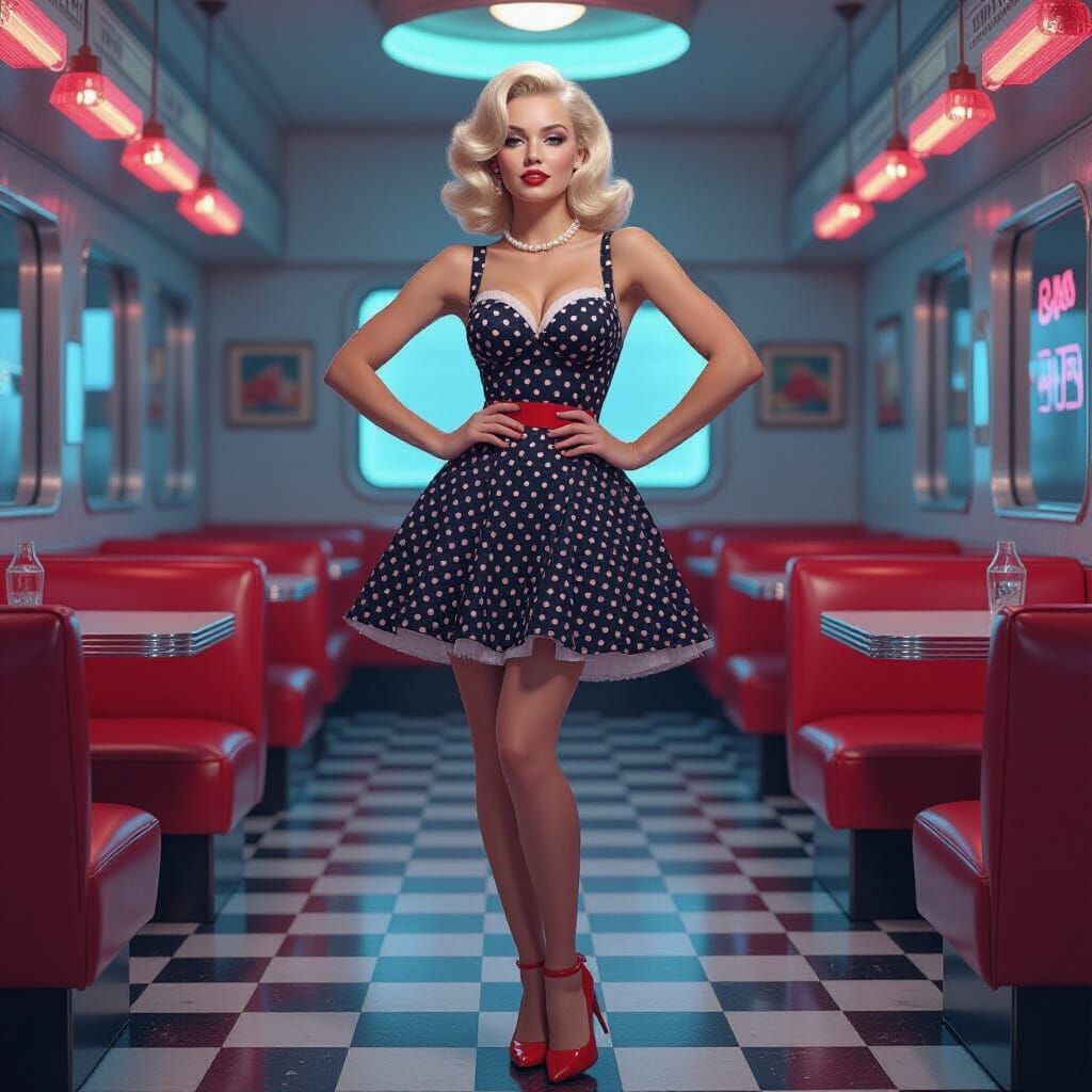 1950s Pin-Up in Diner with Glitch Art Aesthetic