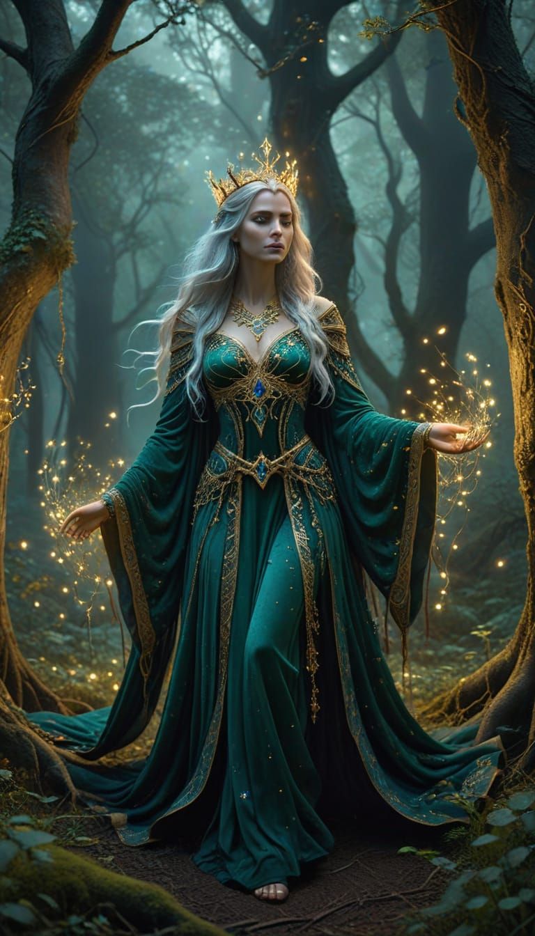 Emerald Sorceress in Bioluminescent Forest