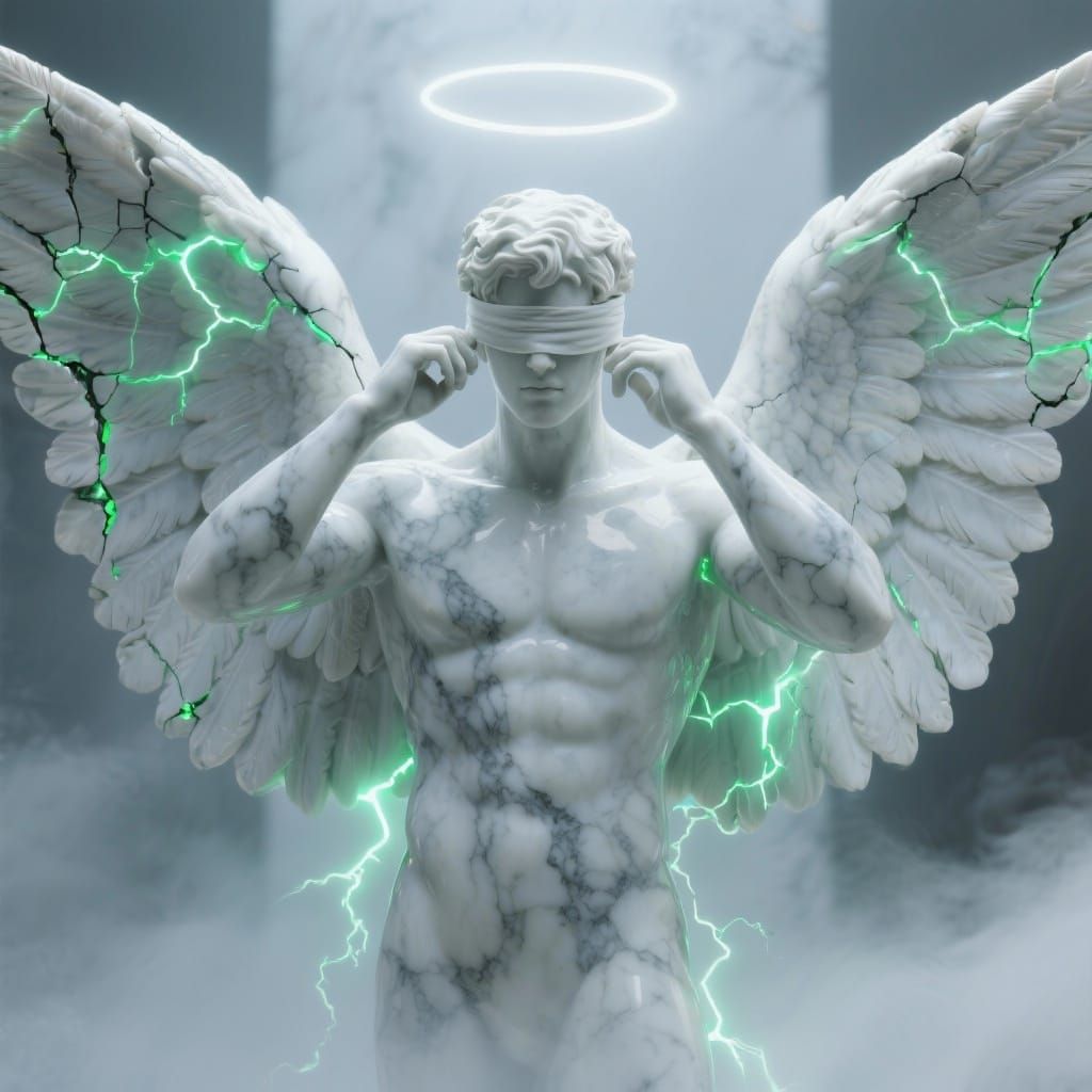 Blindfolded Angel Statue with Glowing Veins