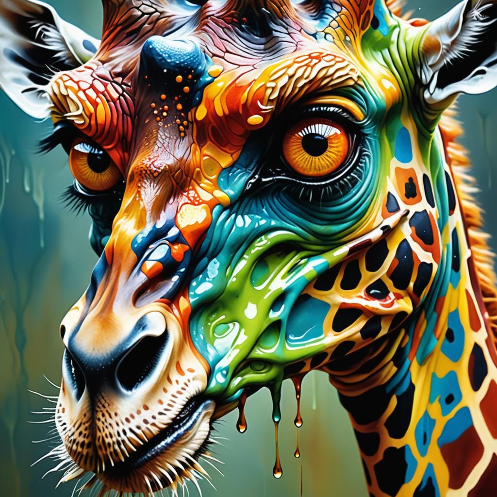 Grotesque surrealism. Close-up. Terrible ugly giraffe with e...