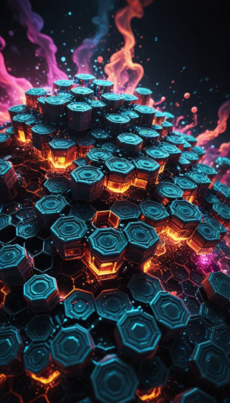 Neon Abyss: Abstract Swirl of Hexagons in Digital Art