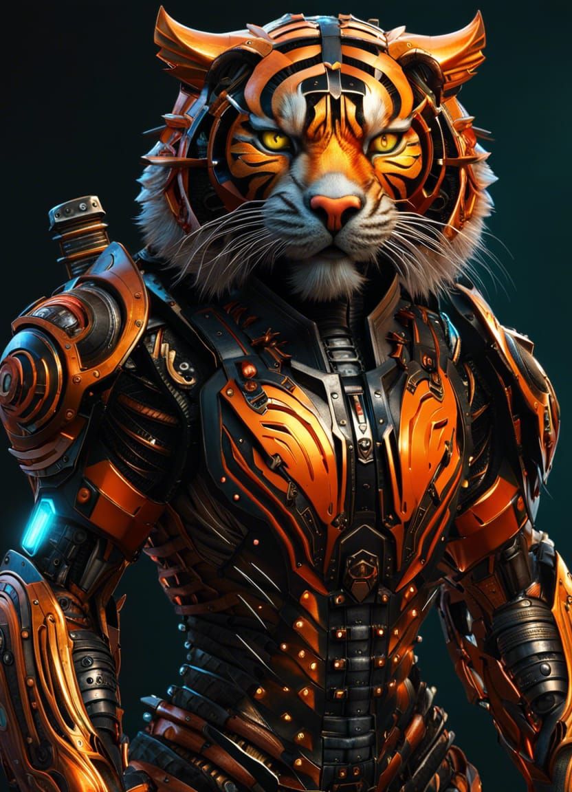 Cyberpunk Biomechanical Tiger Warrior in Fractal Armor