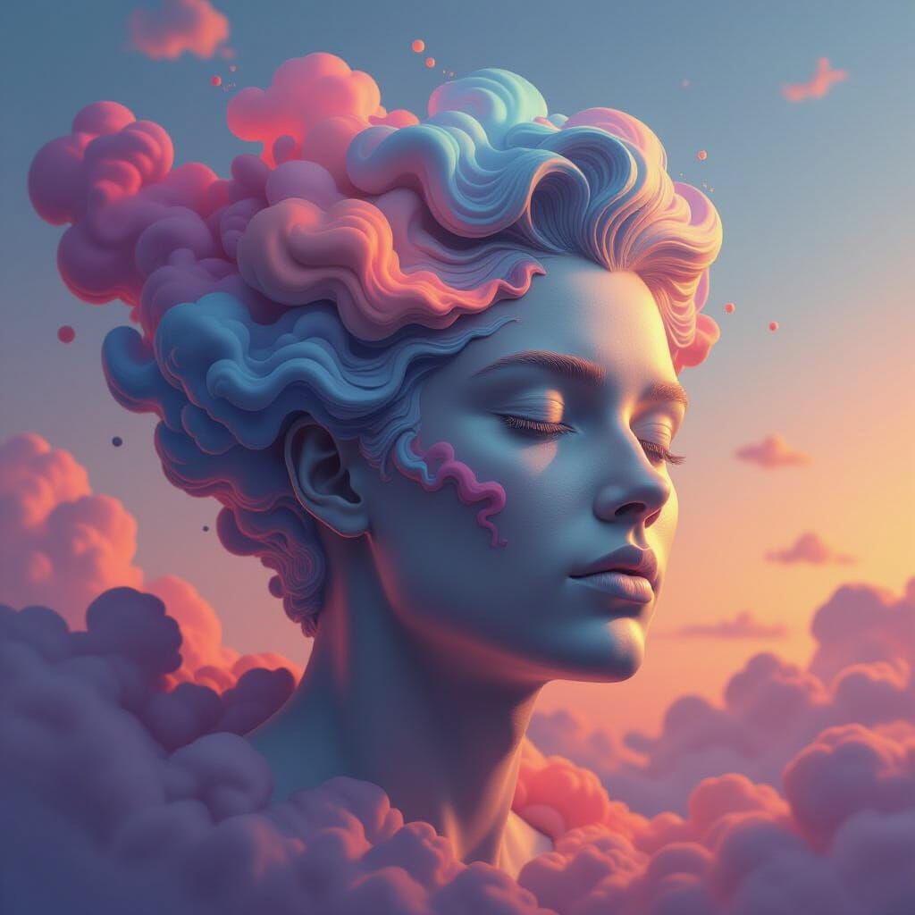 Human Head Sculpture Made of Swirling Clouds