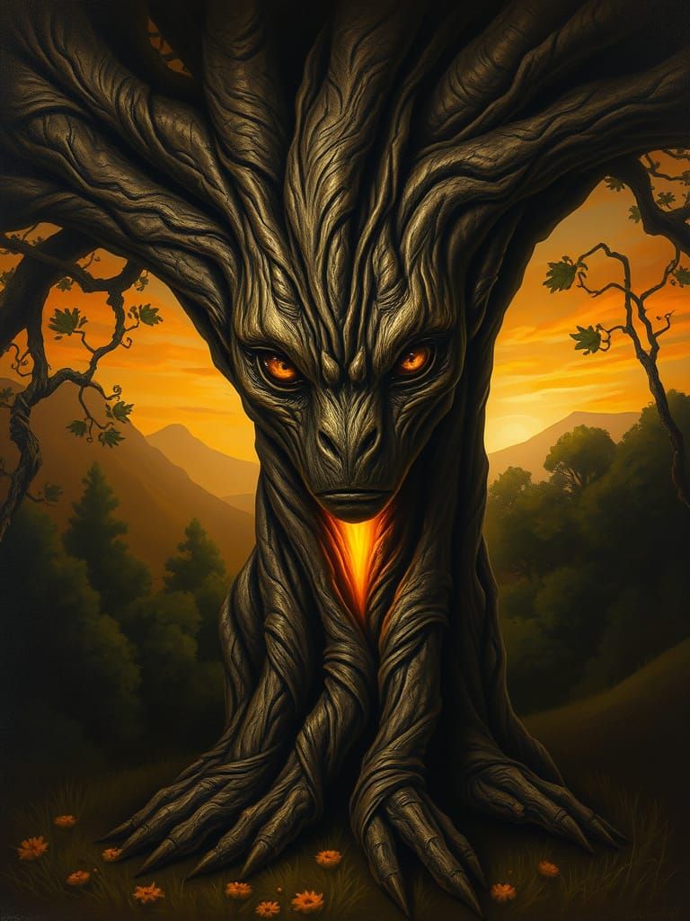 Female Tree-Creature in Dramatic Dusk Landscape