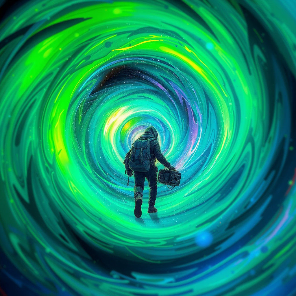 Cosmic Traveler Navigating Neon Wormhole in Biomorphic Sci-F...