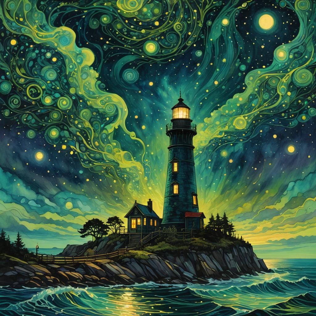 Bioluminescent Lighthouse in Dystopian Impressionism