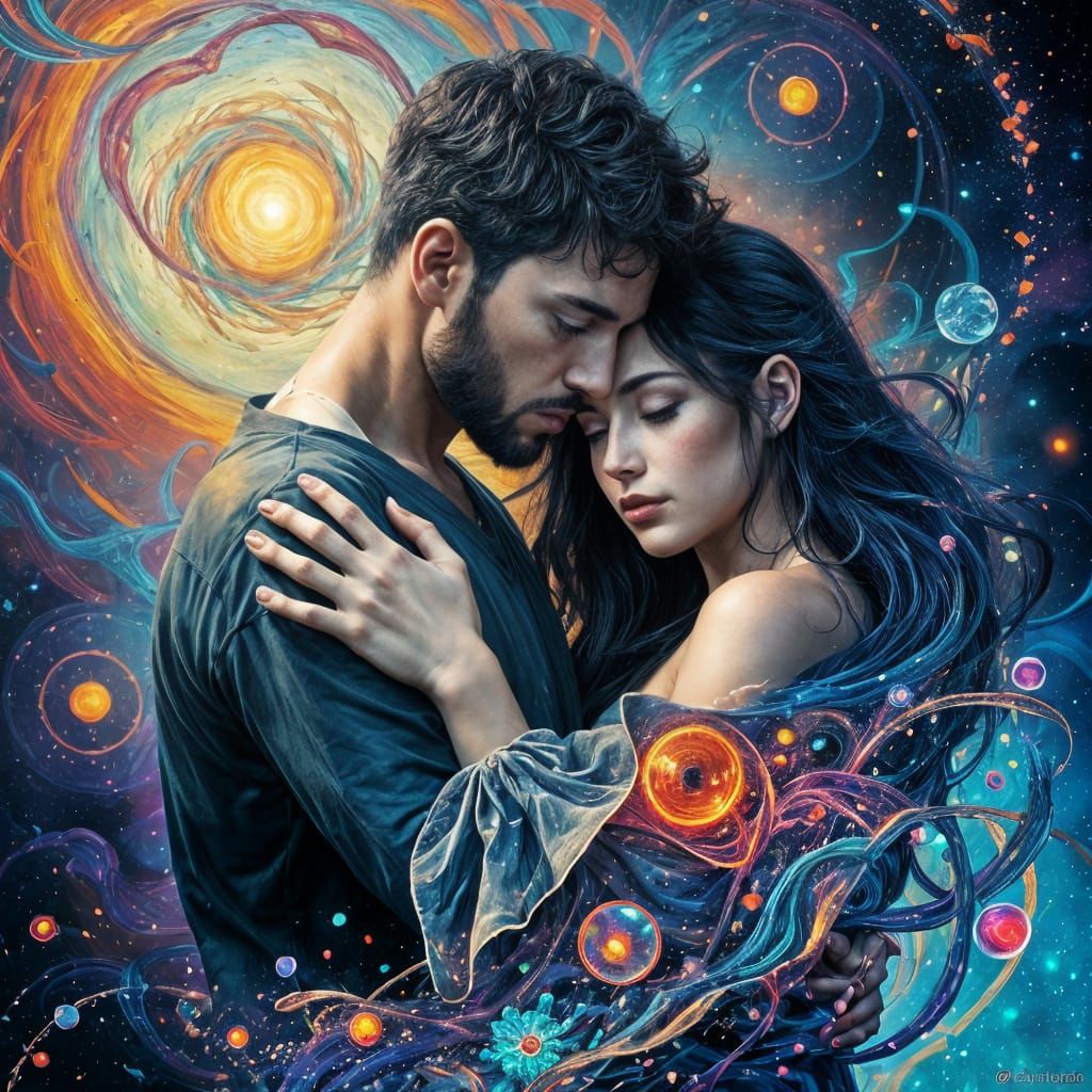 Sensual Love Transformation in Vibrant Cosmic Art
