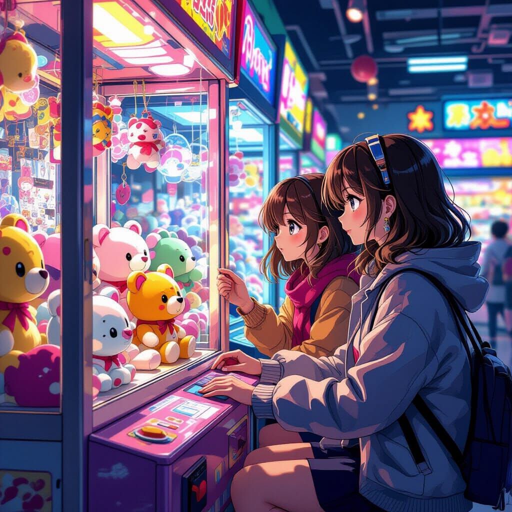 Anime Characters Play Claw Machine in Vibrant Arcade