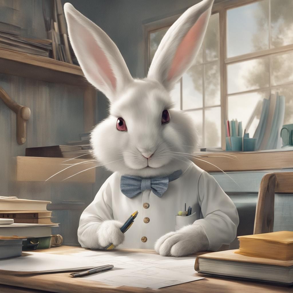 Industrious White Rabbit Working Hard