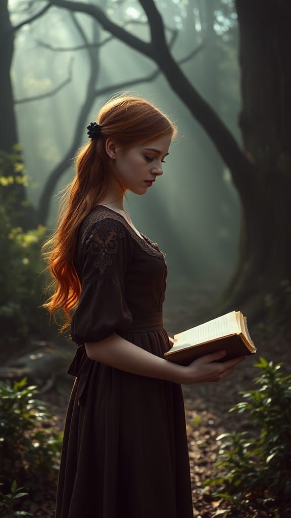 Woman Reading in Misty Forest: Cinematic 35mm Still