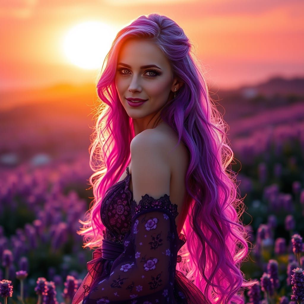 Ethereal Maiden Amidst Amethyst Vale at Majestic Purple Sunr...