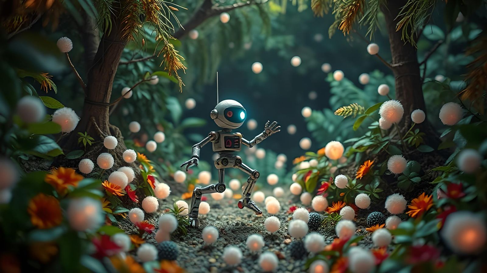 Explorer Bot Dances Among Ethereal Fluffballs